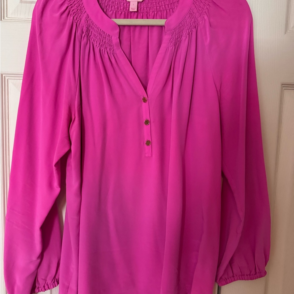 Lilly Pulitzer Pink Smocked Blouse with Buttoned Front